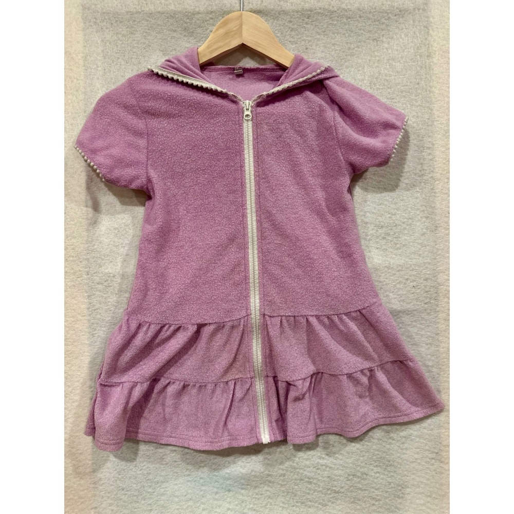 Girls Purple Terry Cloth Hooded Swim Cover Up Ruffle Hem Size 6 pockets